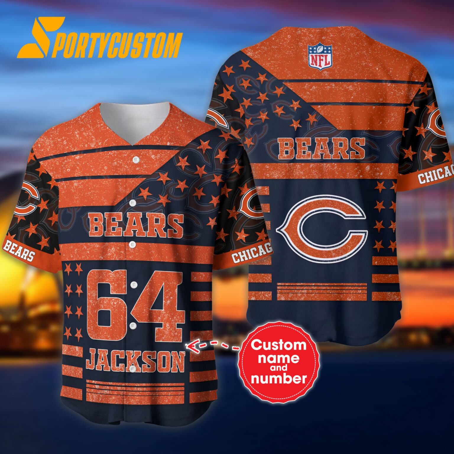 NFL Chicago Bears Personalized American Flag Baseball Jersey