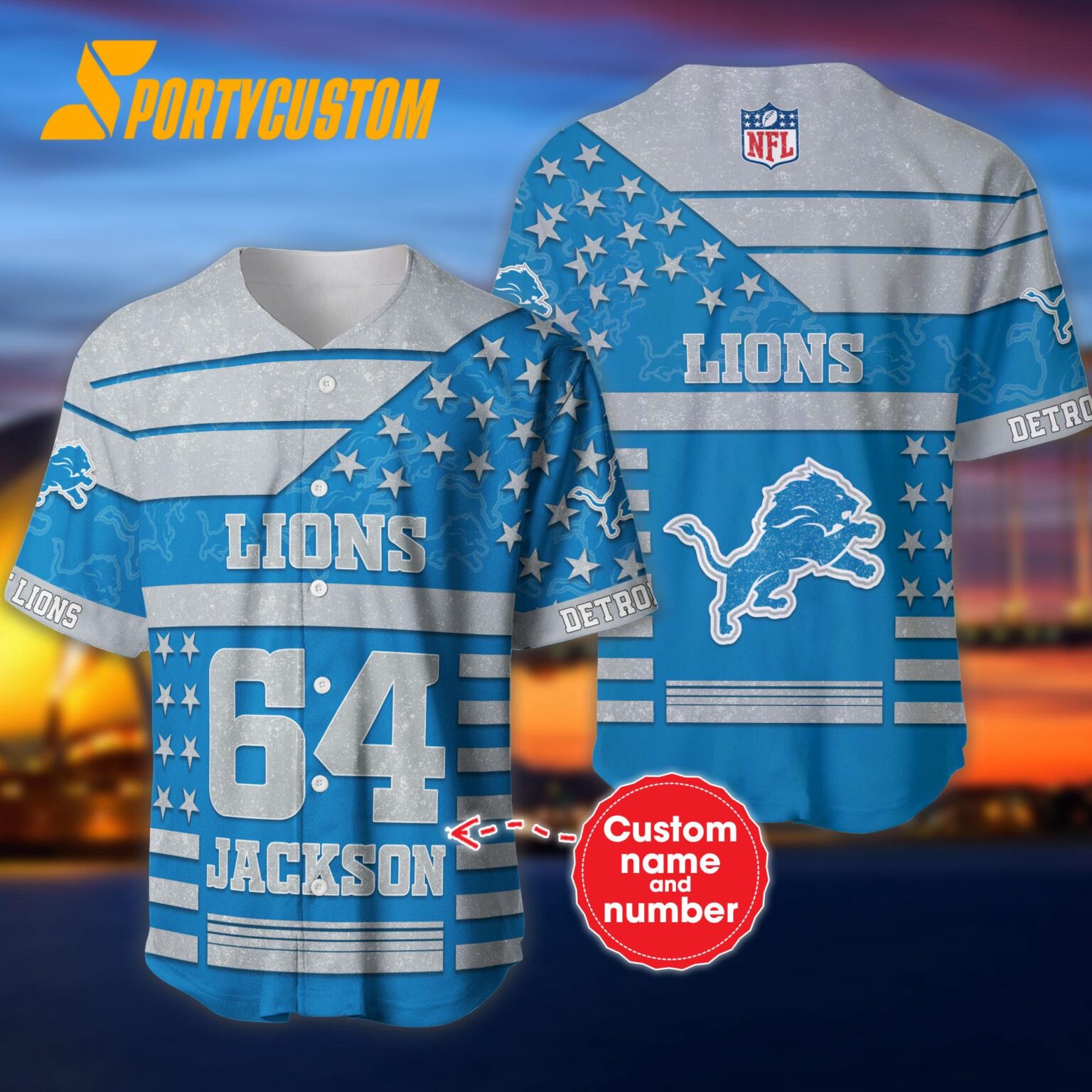 NFL Detroit Lions Personalized American Flag Baseball Jersey
