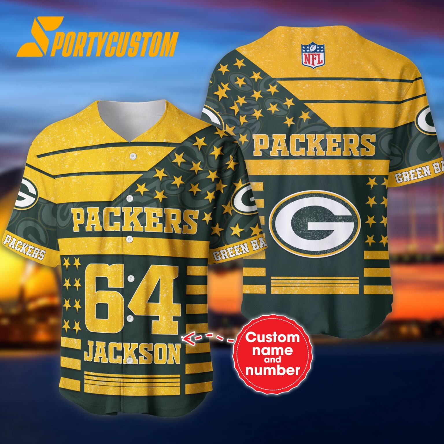 NFL Green Bay Packers Personalized American Flag Baseball Jersey