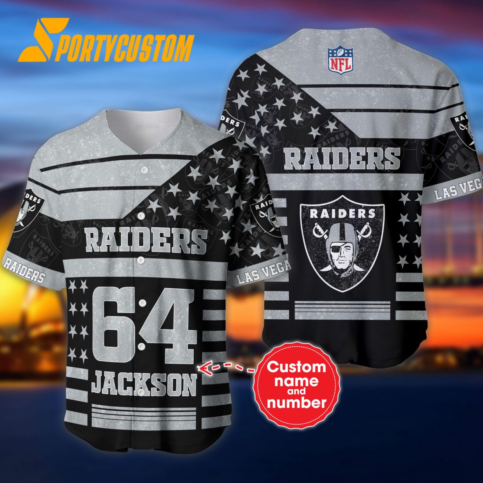 NFL Las Vegas Raiders Personalized American Flag Baseball Jersey