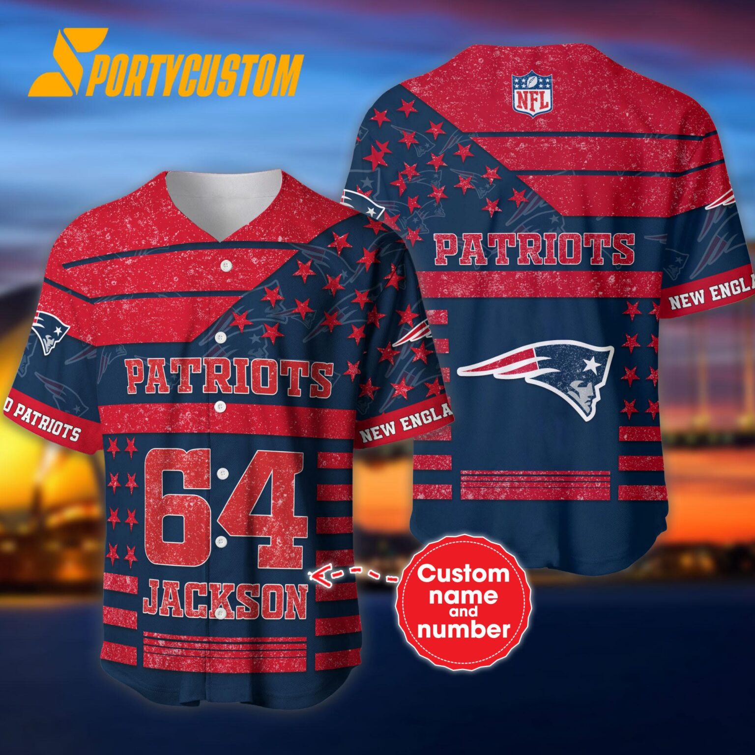 NFL New England Patriots Personalized American Flag Baseball Jersey
