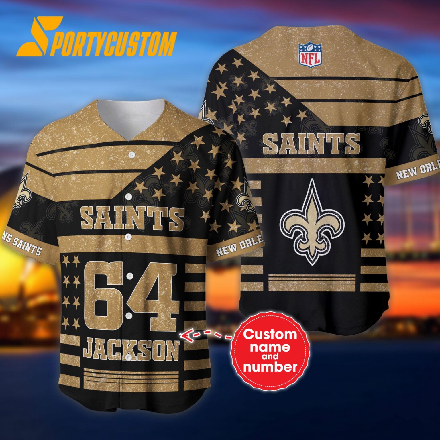 NFL New Orleans Saints Personalized American Flag Baseball Jersey