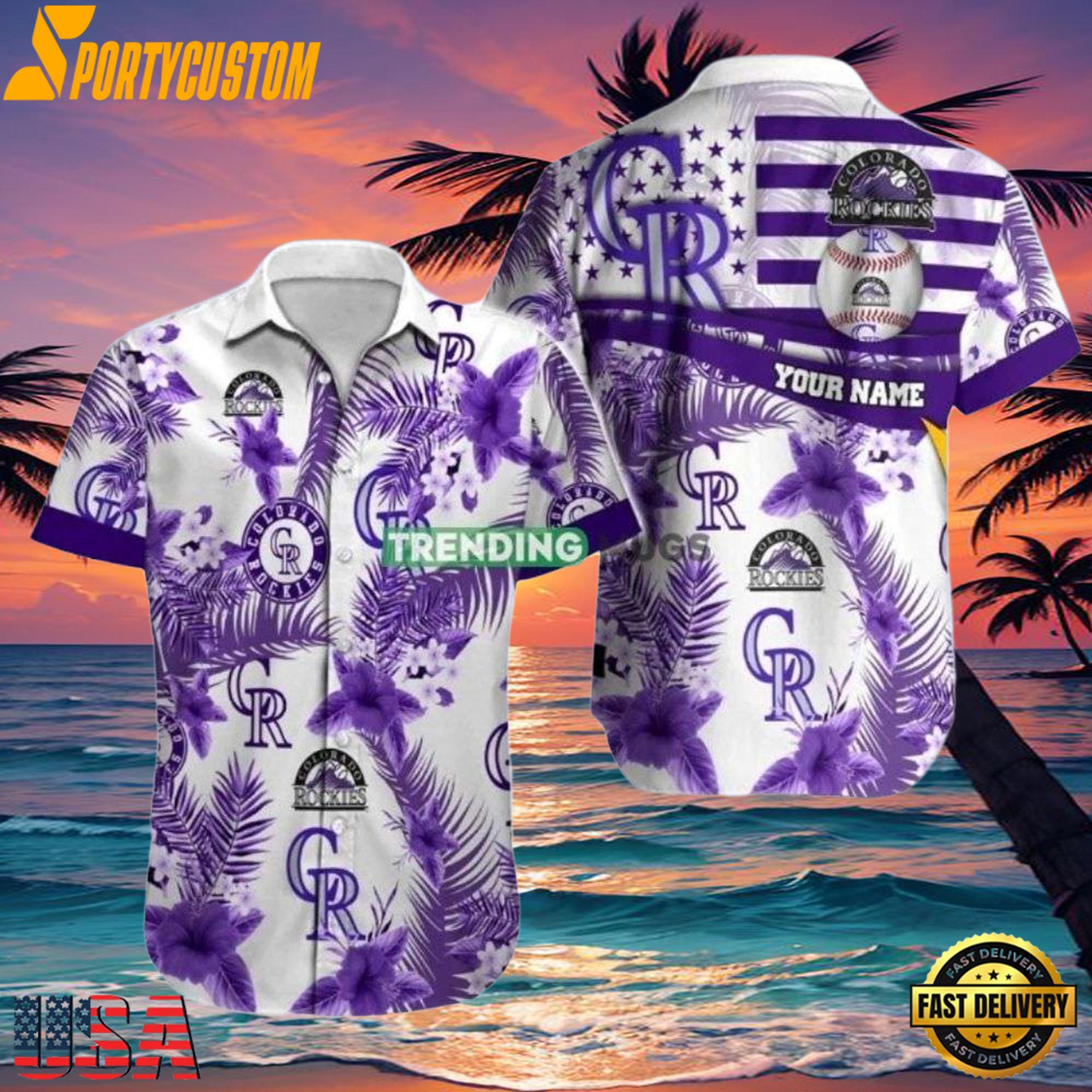 MLB Rockies White Purple Palm Hot Summer Aloha Shirt