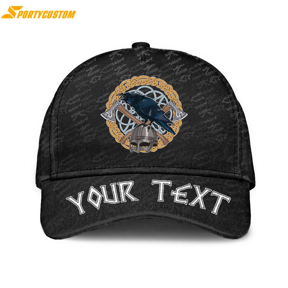 Custom Name Black Crow Sitting On Helmet With Two Crossed Axes Classic Baseball Cap