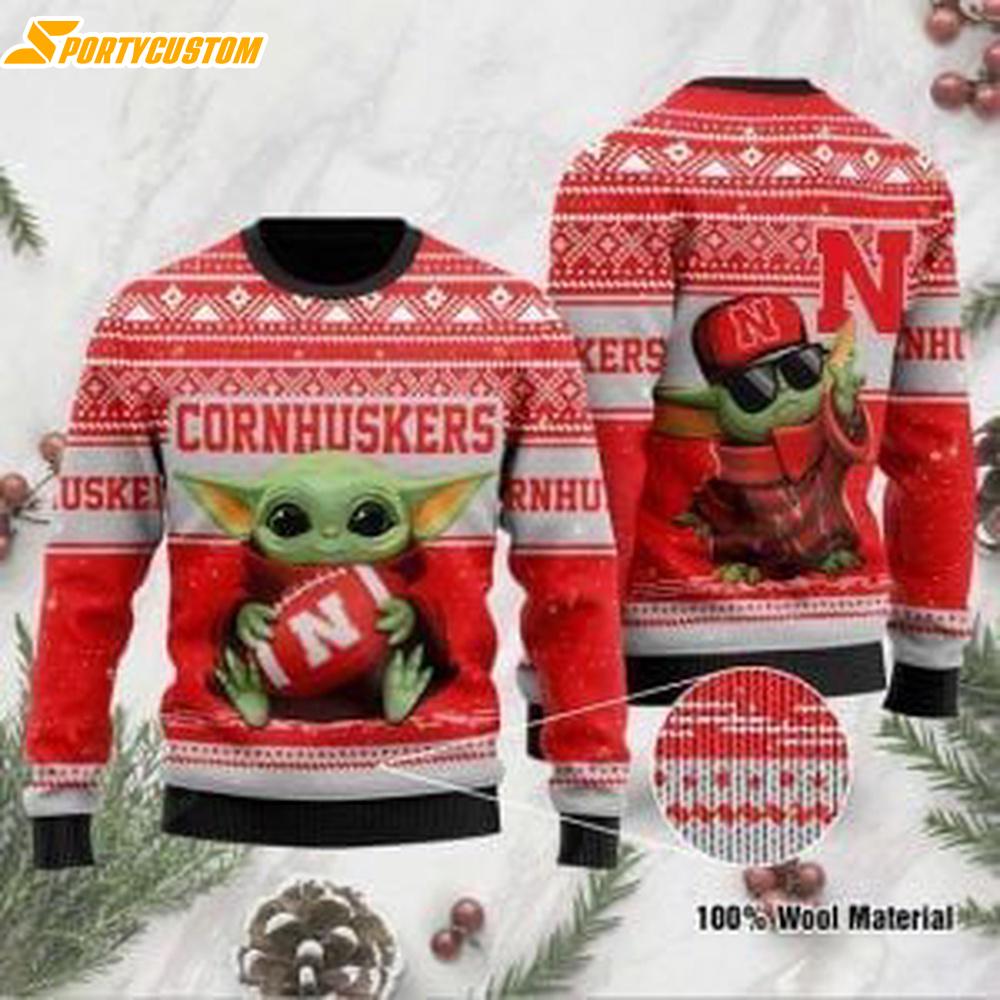 Baby Yoda Nebraska Cornhuskers Christmas Ugly Sweater