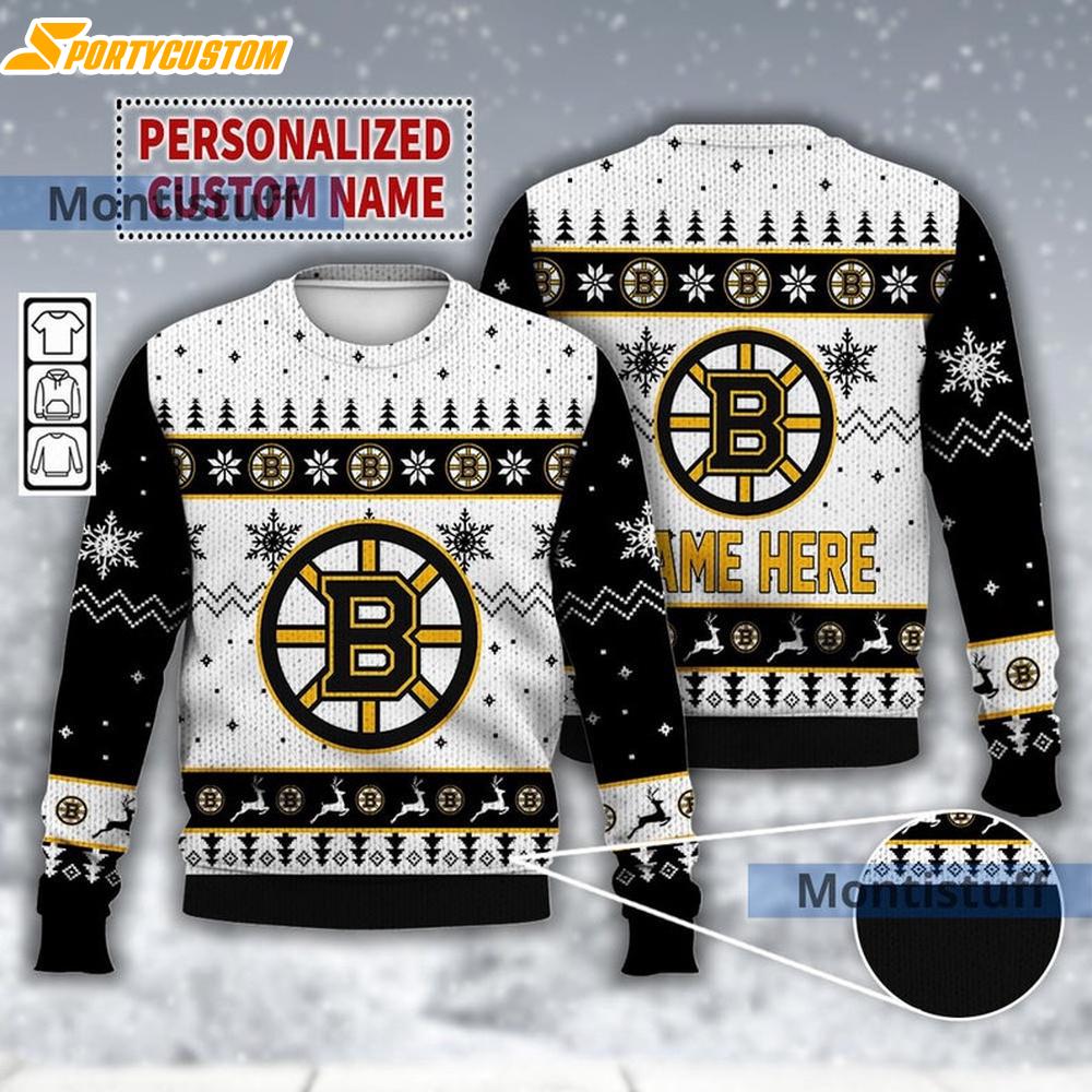 Custom Name Boston Bruins Ice Hockey Ugly Christmas Sweater