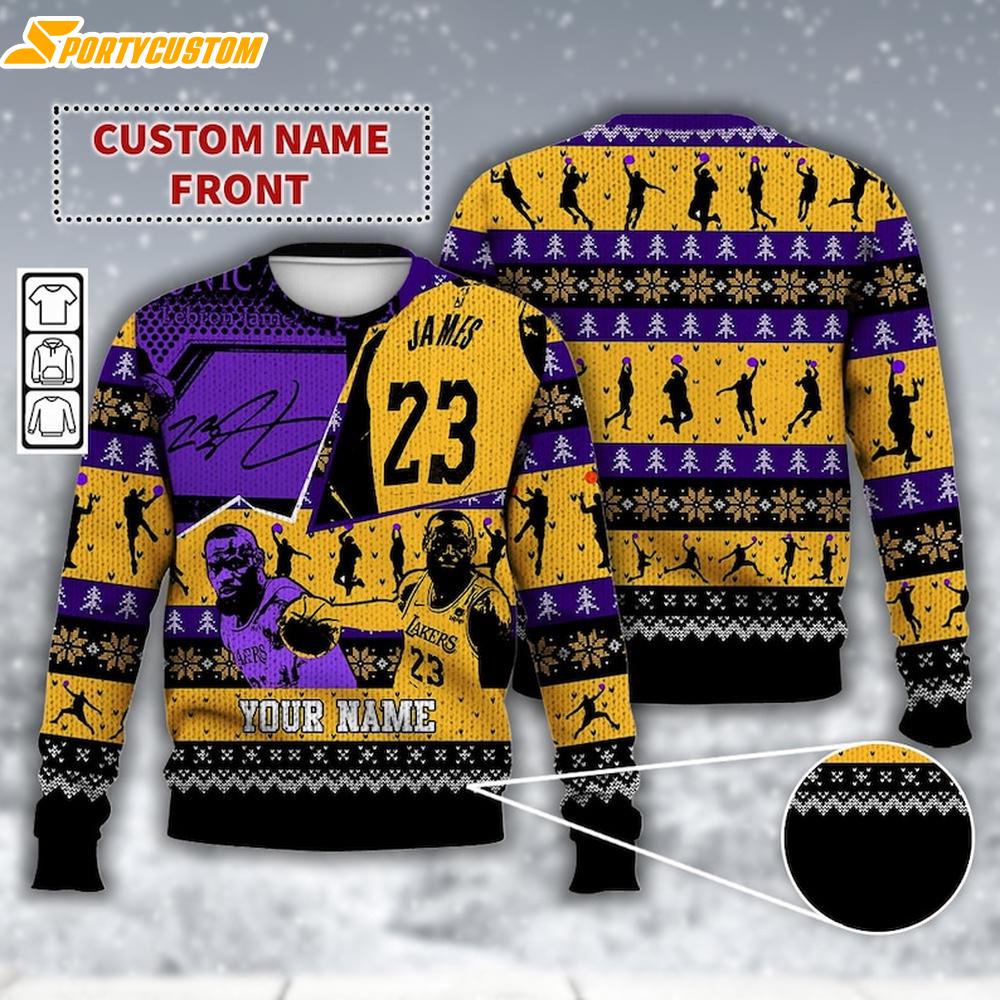Custom Name LeBron James Los Angeles Basketball Ugly Christmas 3D Sweater