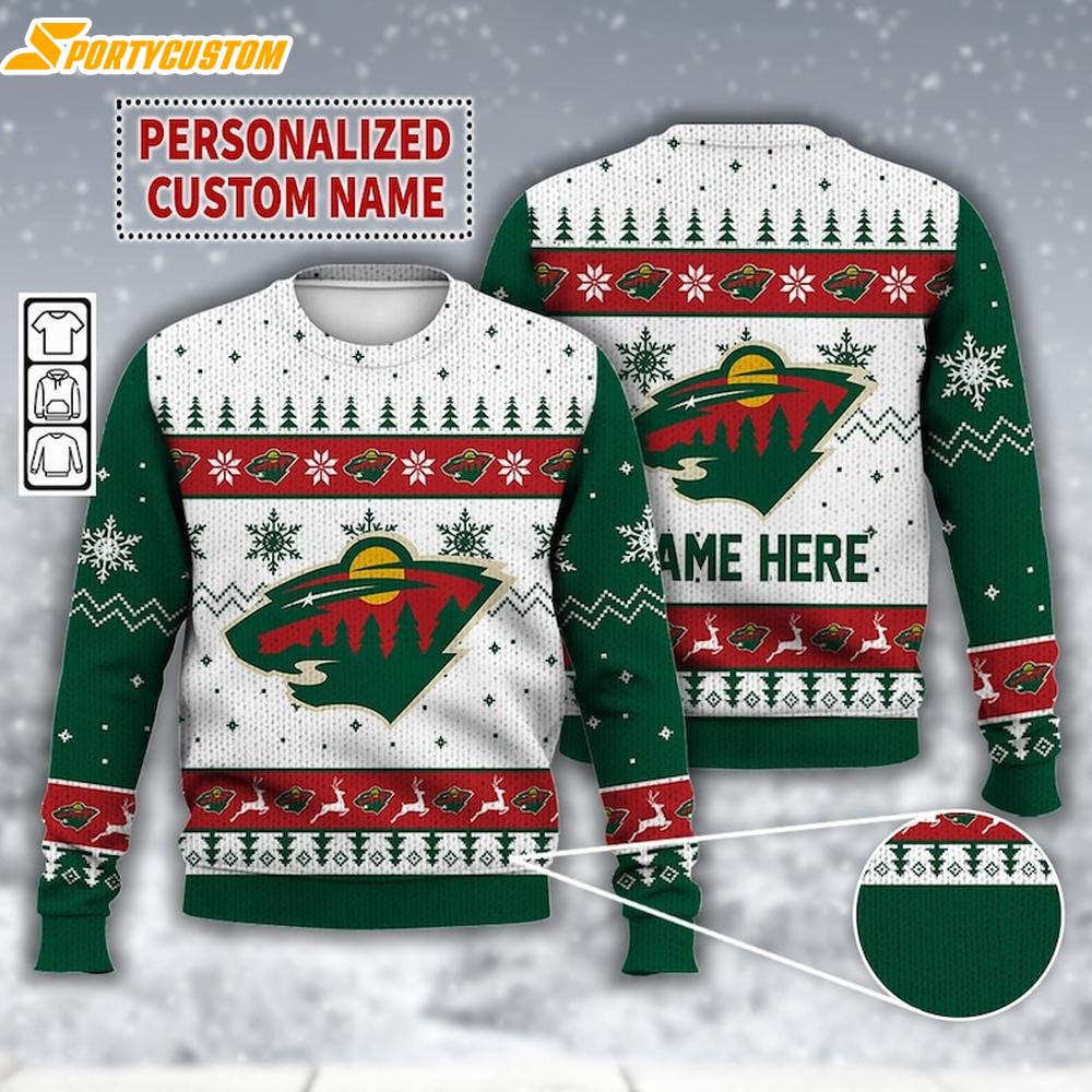 Custom Name Minnesota Wild Ice Hockey Ugly Christmas Sweater