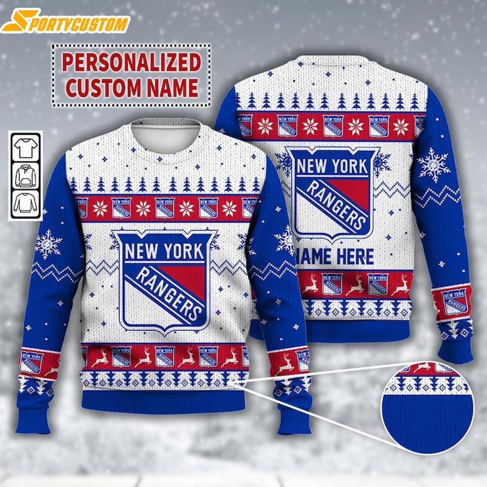 Custom Name New York Rangers Ice Hockey Ugly Christmas Sweater