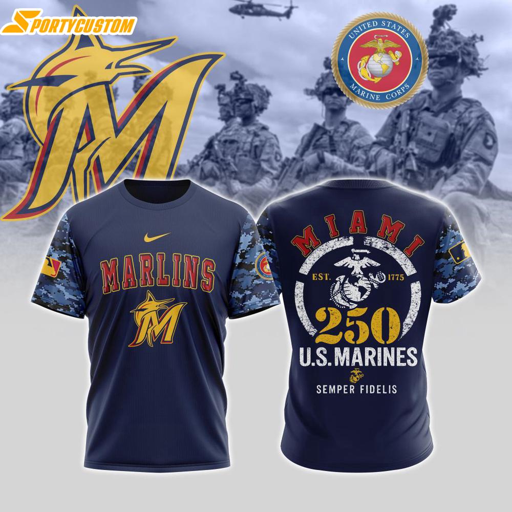 MLB Miami Marlins Special U.S.M.C 250th Birthday 3D T-Shirt MLB Miami Marlins Special U.S.M.C 250th Birthday 3D T-Shirt