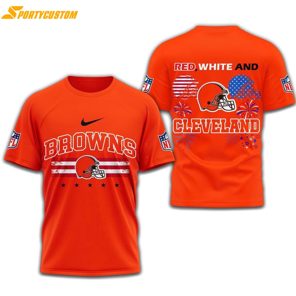 Red White And Cleveland Browns 2025 Football 4Th Of July 3D Shirt
