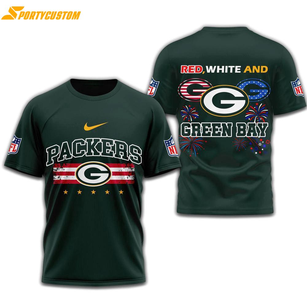 Red White And Green Bay Packers 2025 Football 4Th Of July 3D Shirt