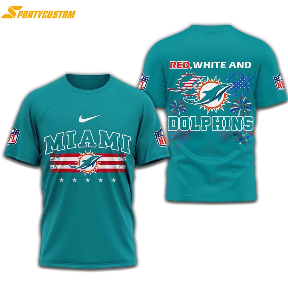 Red White And Miami Dolphins 2025 Football 4Th Of July 3D Shirt