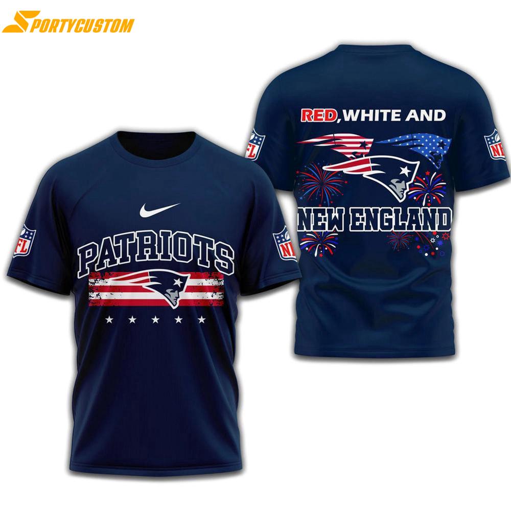 Red White And New England Patriots 2025 Football 4Th Of July 3D Shirt